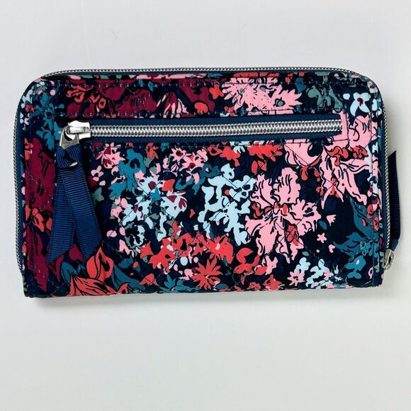 Vera Bradley RFID Twill  Turnlock Wallet Cabbage Rose Cabernet Blue Floral Print - Picture 5 of 9